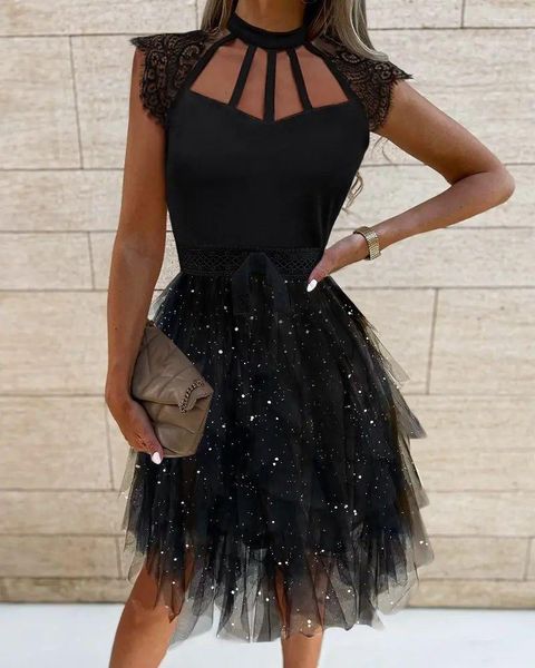 Robes décontractées mode Pit Stripe Patchwork robe de Ballet automne femmes classique maille noire élégante dentelle col en v bouton à manches courtes Mini