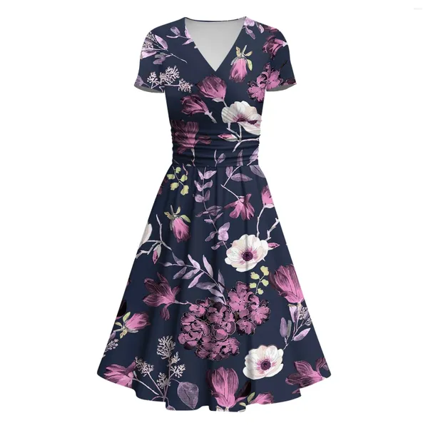 Vestidos casuales Moda Vestido plisado Mujeres Estampado floral Túnica Fiesta Verano V Cuello Manga corta Vestidos Sundress 2024