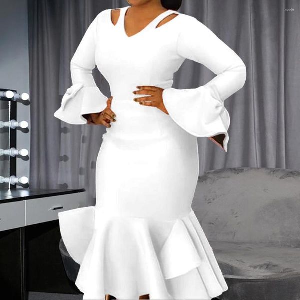 Robes décontractées mode grande taille 4XL femmes fête robe de soirée solide queue de poisson à volants Sexy dame longue évider conception femme