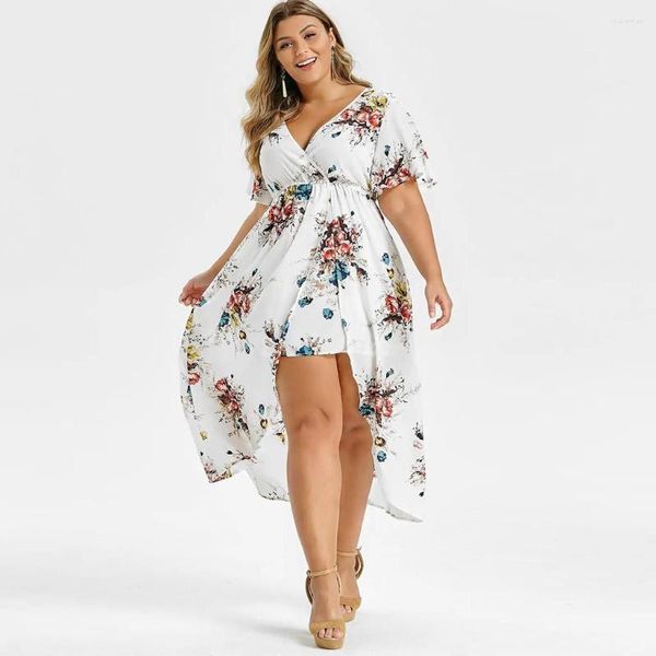 Robes décontractées mode grande taille robe femmes à manches courtes imprimé fleuri cloche haut bas Maxi vêtements d'été pour Jurk