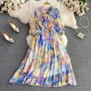 Casual jurken mode bedrukte booggordel v-neck driekwart mouwen taille slanke a-line jurk zomertemperament elegant lange jurkcasual