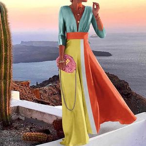 Robes décontractées couleurs imprimées à manches longues robe boho robe élégante profonde v coude de cou maxi femmes sexy vestide d'automne mince