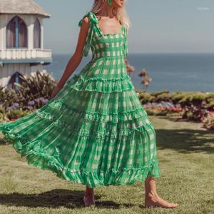 Casual jurken mode quinceanera vestido 2023 zomer groene plaid afstuderen meisjes chifforn spaghetti strap feest lang prom