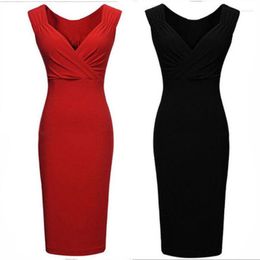 Casual jurken mode rood zwart sexy feestjurk vrouwen v-neck mouwloze knie-lengte bodycon vrouwelijke avondclub slijtage vestidoscasual