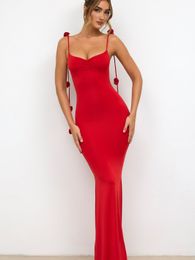 Vestidos casuales Moda Rose Tassle Mujeres Rojo Maxi Sling Vestido Elegante U-cuello Sin mangas Vendaje Vestidos ajustados Lady Chic Fiesta de Navidad Robe