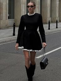 Casual jurken Fashion Ruffle Lace Patchwork Mini -jurk voor vrouwen Ronde Nek Lange mouwen Hoge taille Elegante Highstreet Vrouwelijke Vestido