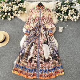 Casual jurken Fashion Runway Flower Chiffon Long Maxi Dress Women Stand Collar Lantern Sleeve Floral Print Belt Lace Up Boho Robe Vestido