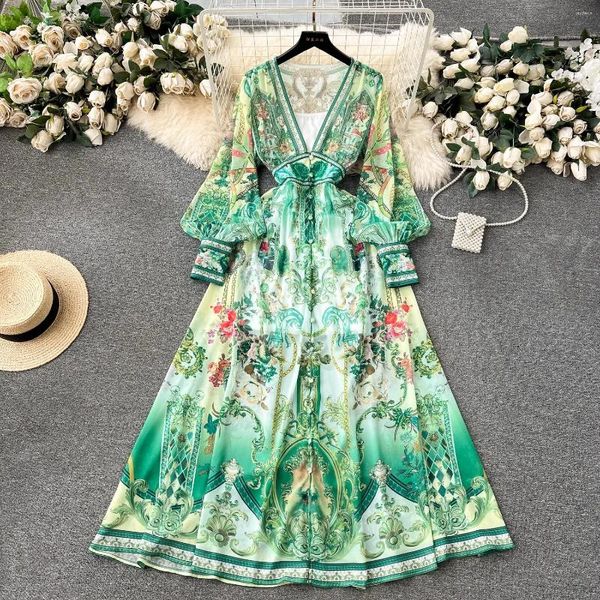 Vestidos casuales Moda Runway Green Red Flower Flowy Gasa Linterna Vestido Mujeres Profundo Cuello en V Manga larga Estampado floral Boho Robe Vestido 2045