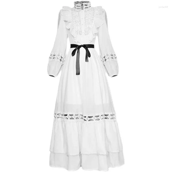 Vestidos informales Fashion Runway Spring Femen's Manga de linterna Hollow Out Blan de cintura alta elegante Vestido blanco elegante