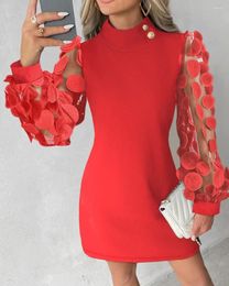 Vestidos casuales Moda Lentejuelas para mujeres 2024 Otoño Encaje Linterna Manga Mock Cuello Botones Calle Elegante Damas