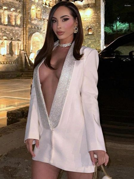 Robes décontractées Mode Sexy 2023 Col en V profond Manches longues Dos nu Blanc Party Club Robe Femme Creux Noir Blazer court