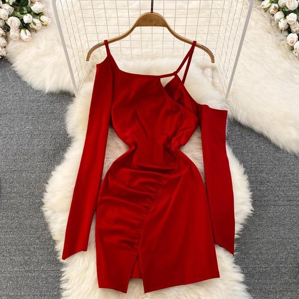 Vestidos casuales Moda Sexy Low Cut Slip Dress Mujeres Irregular Tight Show Thin Wrap Cadera Manga larga Bodycon Otoño