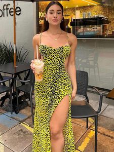 Casual Jurken Mode Sexy Mouwloos Backless Slit Slanke Maxi Prom Jurk Voor Vrouwen 2023 Zomer Print Slip Party Club Band halter