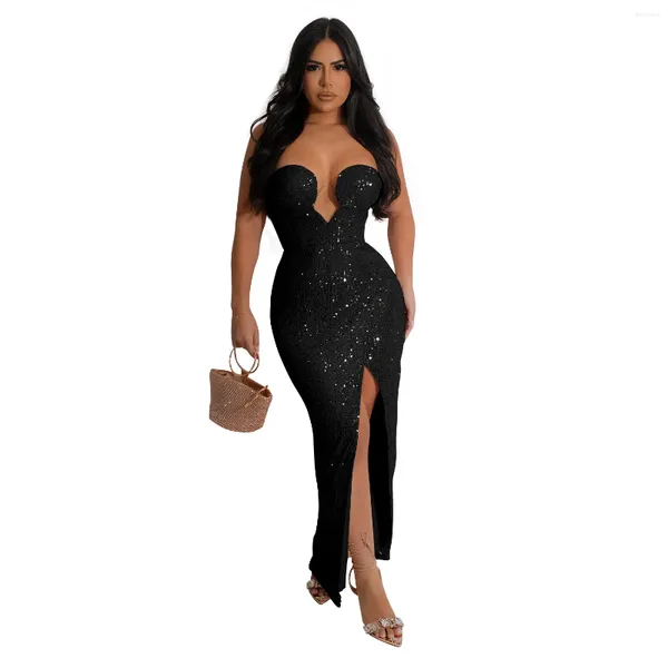 Robes décontractées Mode Sexy Femmes Discothèque Robe Femme Sans Bretelles Col V Robe De Fête De Fille Robes De Dame Patchwork Paillettes