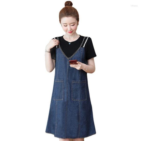 Robes décontractées Mode Robe en denim à manches courtes Femme Grande taille Lâche Version coréenne Robes pour femmes Épissage Sling 2023