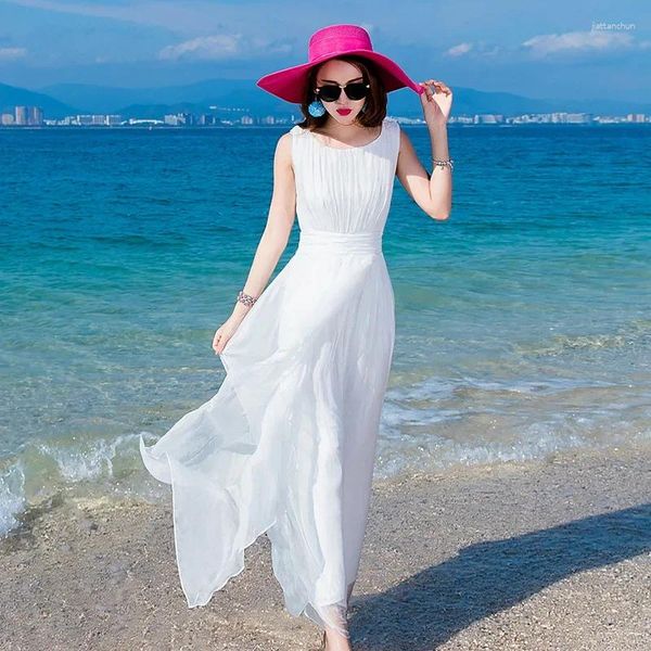 Vestidos casuales Summer de seda de moda para mujeres 2024 Vestido maxi blanco Playa femenina Elegante túnica sin mangas femme Pph4997