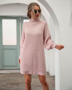 Casual Kleider Mode Einfarbig Kleid Caual Frauen Laterne Hülse Gestrickte Herbst Winter Büro Dame Rollkragen Weibliche Pullover