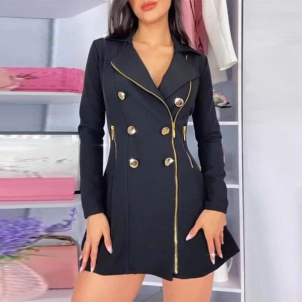 Vestidos casuales Moda Color Sólido Manga larga Mini Vestido Femenino Solapa Doble Botonadura Blazer Otoño V-Cuello Metal Cremallera Oficina