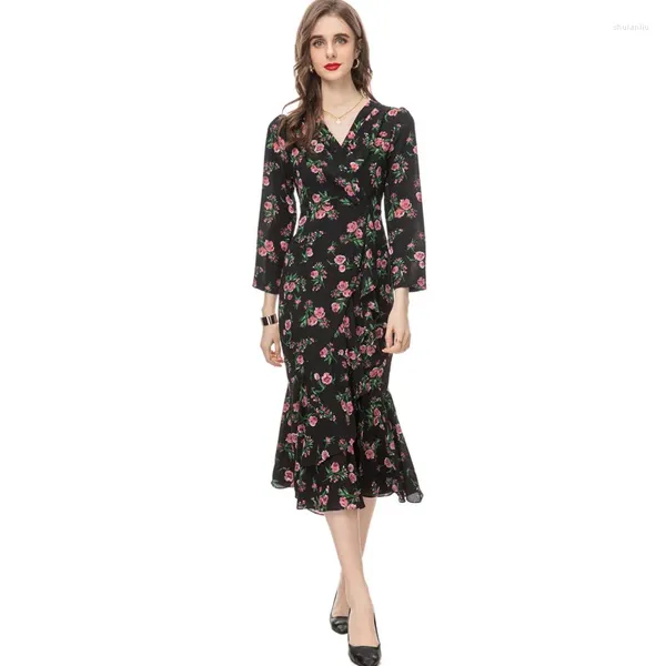 Vestidos informales de moda Vestido para mujeres de primavera Flower Flower Flower Slim Black Vintage Mermaid Midi