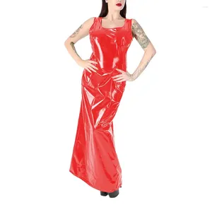 Casual jurken mode vierkante kraag mouwloze faux pvc lederen lange jurk sexy vrouwelijke solide kleur rechte enkel lengte vestidos