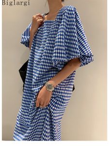 Vestidos casuales Moda Cuello cuadrado Plaid Puff Manga suelta Verano Mujeres Coreanas Damas Chic Elegante Mujer 230223