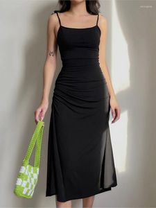 Casual Jurken Mode Strappy Ruches Vrouwen Kleding Sexy Zwarte Jurk Onregelmatige Elegante Backless Lange Party Zomer Vestidos Gewaad