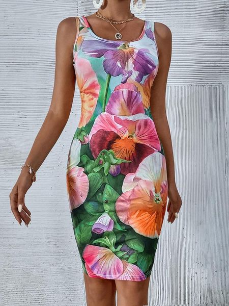 Robes décontractées de style mode Amazon sexy vendant une robe de fleur imprimée sans manches minces minces à la recherche de manches