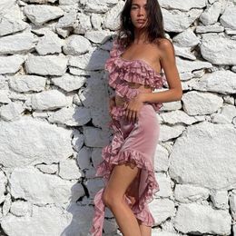 Abiti casual Moda Summer Beach Sundress Women's Y2k Ruffle Trim Mini Dress Sexy Low Cut Slim Fit Cutout Mesh See Through Short