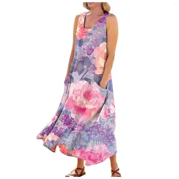 Casual Jurken Mode Zomer Comfortabele Bloemenprint Mouwloos Katoen Met Zak Strandjurk Voor Vrouwen Lente Rok Sukienki Damskie