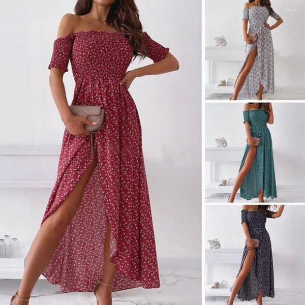 Vestidos casuales Moda Verano Fuera del hombro Vestido de dobladillo grande Colorido Longitud de ángulo Fiesta Vintage Sundress Bohemio Maxi Femme Boho