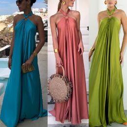 Casual jurken mode zomer satijn maxi jurk 2023 dames halter mouwloze backless sexy lang feest elegant los strand