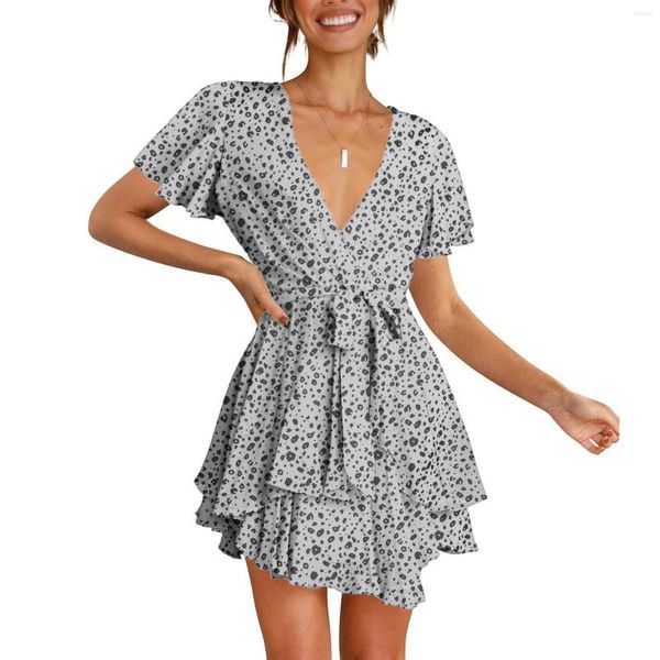 Vestidos casuales moda verano mujer volantes A-Line Sundress 2023 Leopar estampado Puff manga anudado cuello en V profundo vestido señoras Vestidos