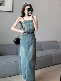 Casual Jurken Mode Zomer Y2K Denim Lange Jurk Voor Vrouwen Lady Vintage Sexy Borst Wikkelen Wrap Hip Maxi Party Mujer vestidos Straat