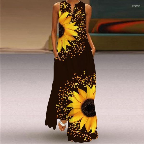 Vestidos casuales Moda Girasol Vestido estampado 2023 Negro Vintage Tallas grandes Largo Verano MujerVacaciones Playa Mujeres