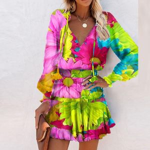Casual Jurken Mode Vintage Kleurrijke Bloemenprint Feestjurk Vrouwen Lente Zomer Elegante V-hals Trekkoord Ruffle Mini