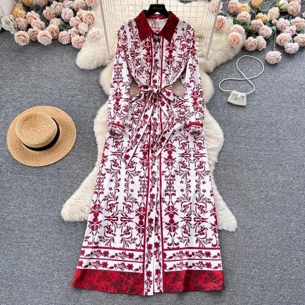 Vestidos casuales Moda Vintage Camisa Vestido largo Mujer Manga de un solo pecho Cinturón de estampado de flores rojas Lace Up Maxi Robe Vestidos 6032