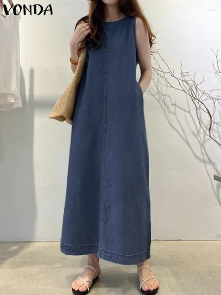 Robes décontractées Mode VONDA 2024 Denim Chemise Robe Femmes Plissée Sans Manches Longue Robe Lâche Robe D'été Solide A-ligne Maxi Robes