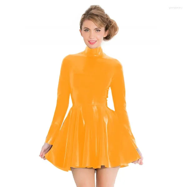 Vestidos casuales moda wetlook pvc sexy manga completa vestida delgada de cuello alto y mini club fit y brote femme corto