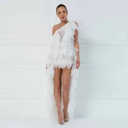 Robes décontractées Mode Blanc Volants Haut Bas Une Épaule Tulle Femmes À La Fête Plage Robe De Mariée À La Main Robes De Bal Robe