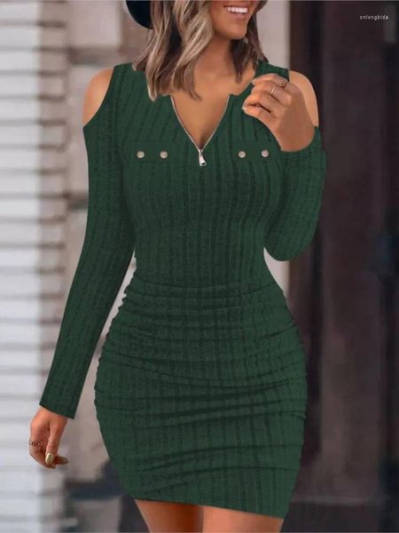 Vestidos casuales Moda Mujer Vestido 2024 Otoño Invierno Frío Fuera del Hombro Cremallera Acanalada Llanura Manga Larga Bodycon Mini Una Línea