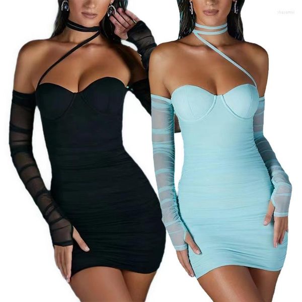 Robes décontractées mode femmes Sexy maille une ligne col plissé transparent tube haut jupe 2023 été fête robe de soirée boîte de nuit