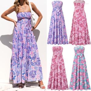 Casual jurken mode dames strapless zomer jurk dames vrouwelijk bloemen bedrukt feest boho strand lange maxi met riem