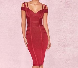 Casual Jurken Mode Vrouwen Bandage Jurk Wijnrood V-hals Band knielange Celebrity Avond Club Bodycon Zomer Vestido