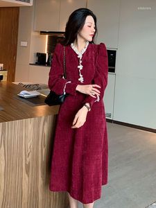 Casual jurken mode vrouwen Franse retro corduroy v-neck lange mouw midi party jurk elegante koffiebreuk gewaad chic een lijn vrouw