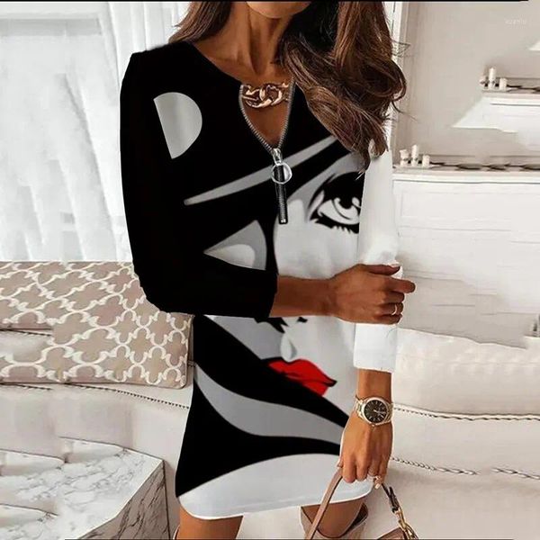 Robes décontractées Fashion Femmes Long Manche Long Robe Sexy Zipper Design V-Neck Imprimé Bureau Mesdames Elegant Pullover Straight