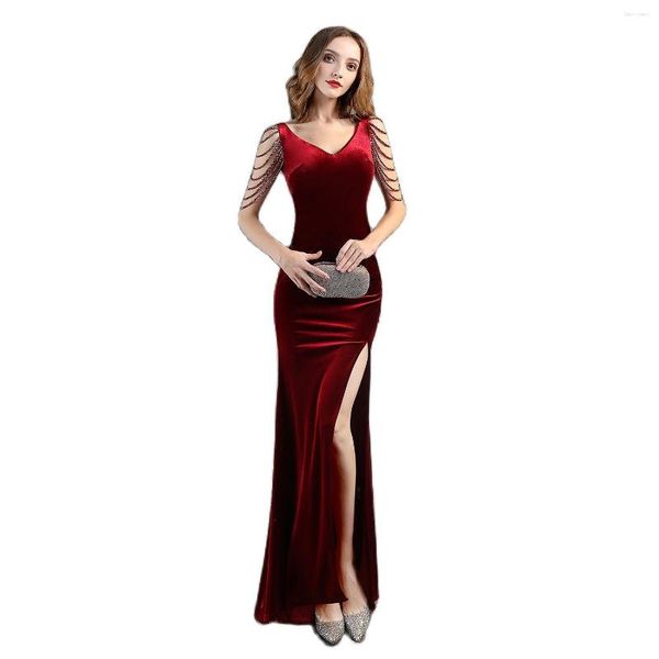 Robes Décontractées Mode Femmes De Luxe Cristal Gland Col En V Profond Grande Fente Robe Longue Sexy Lady Velours Jupe De Noce Vêtements Fille Cadeau