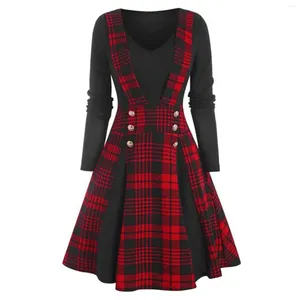 Casual jurken mode dames plaid print mock knop faux twinset vintage lange mouw o nek jurk los 2024