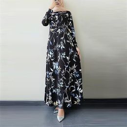 Robes décontractées Mode Femmes Rétro Dubaï Manches longues Floral Imprimé Hijab Turquie Robe Col Rond Maxi Robes Robe Musulman # g3277a