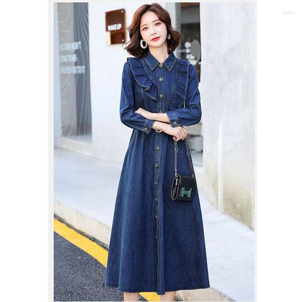 Vestidos casuales Moda Vestido de mujer 2023 Otoño Coreano Largo Denim Temperamento Cintura Slim Elástico Elegante Jeans Vestidos femeninos