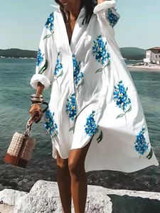 Robes décontractées mode femmes coupe ample impression numérique à manches longues col polo robe chemise 2023 simple boutonnage